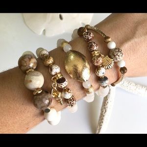 Semiprecious Beige Five Stack Bracelet Gold Plated